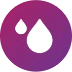 Ein Icon aus einem lila Kreis und zwei Wassertropfen soll die Rückhaltung von Exsudat und Bakterien durch ConvaMax™ Superabsorber visualisieren.