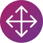 Ein Icon aus einem lila Kreis mit Pfeilen in alle 4 Richtungen soll visualisieren, dass ConvaMax in verschiedenen Größen erhältlich ist. 