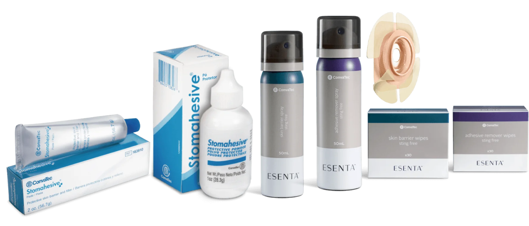 Gruppe von ESENTA™ und Stomahesive® Stomapflegeprodukten.